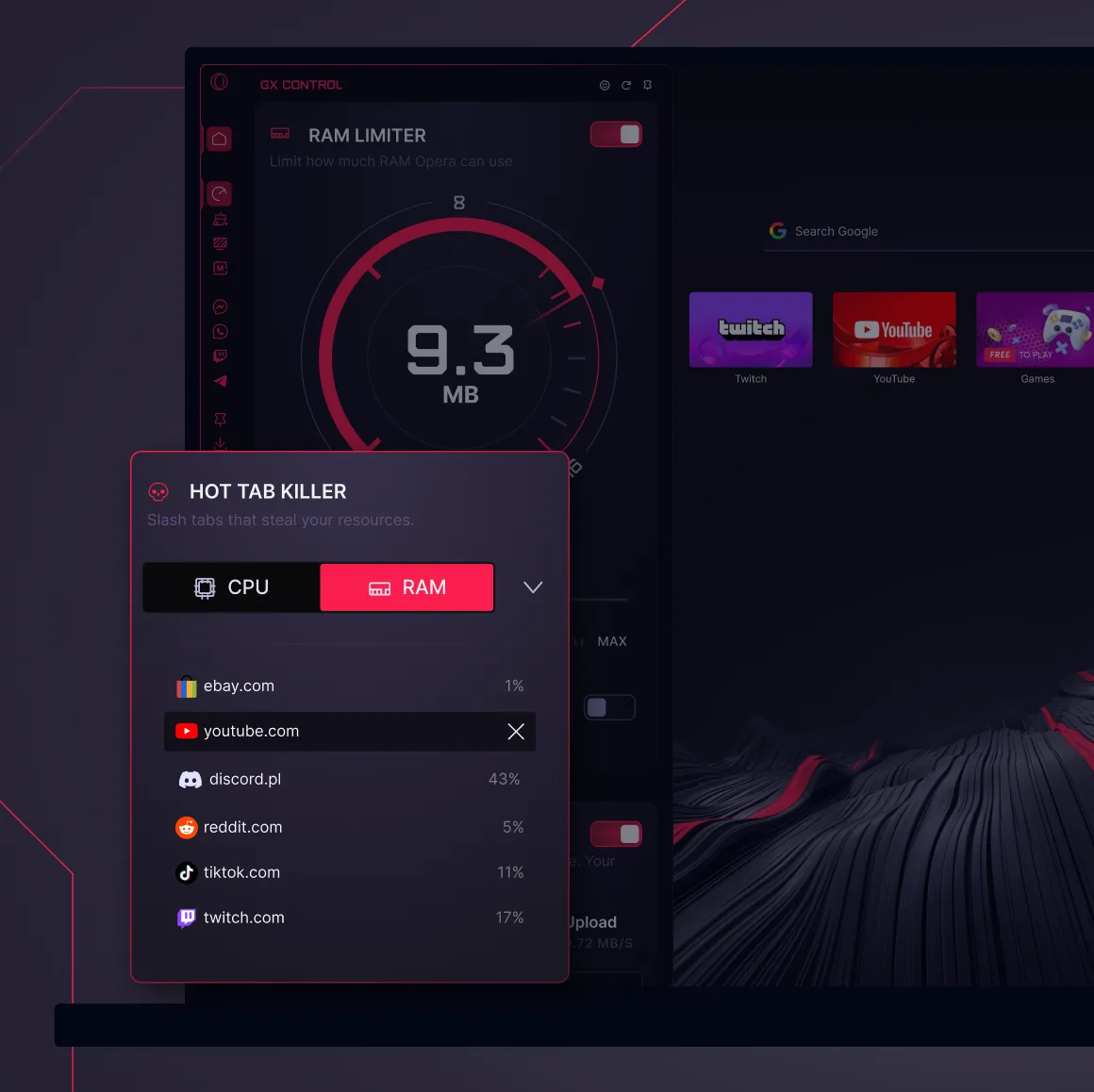 Opera's Hot Tabs Killer panel listing open tabs by their CPU and RAM use