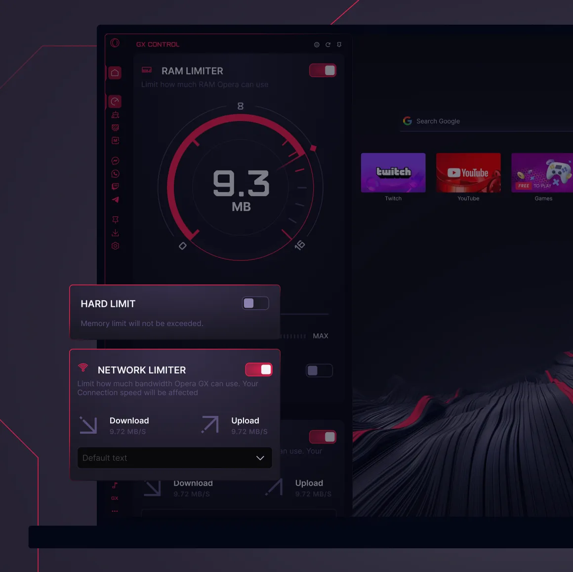 Opera's GX Control panel with the hard limit option and the network limiter's download and upload caps