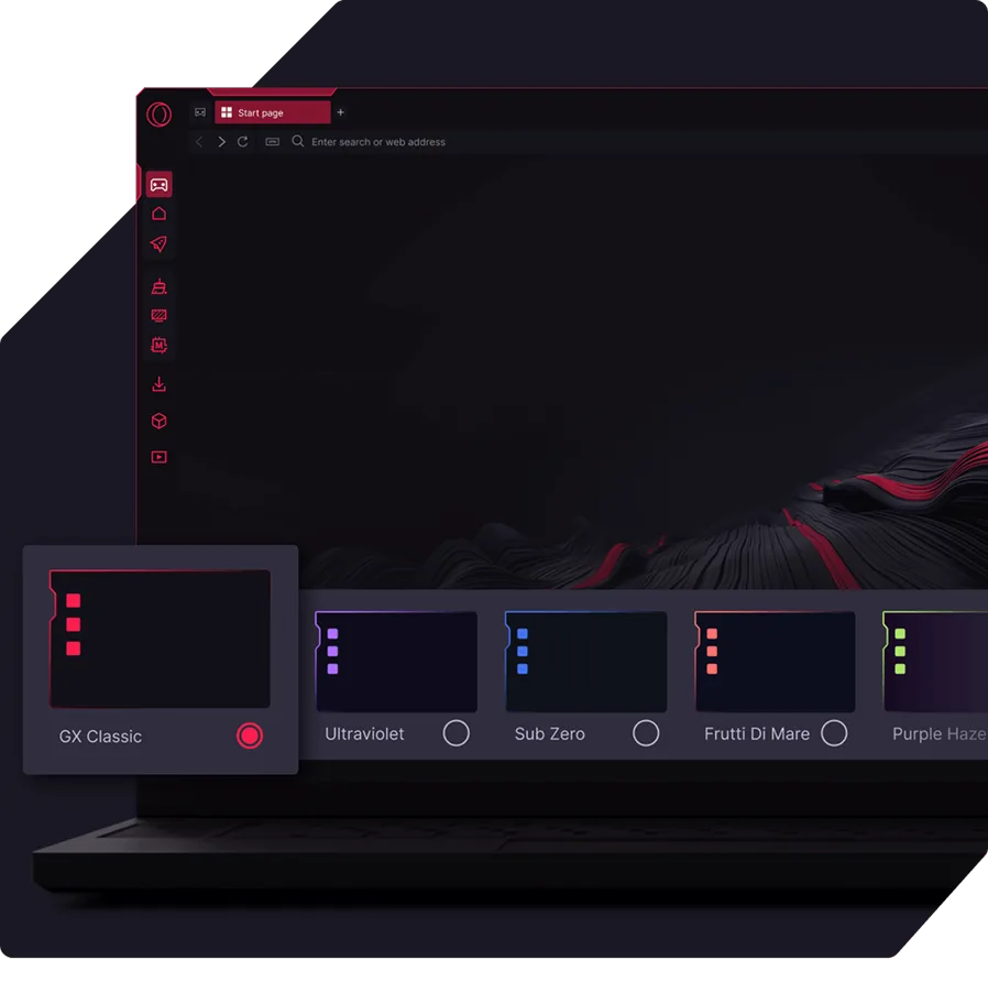 Opera GX's built-in color theme picker on a laptop screen, showing GX Classic, Ultraviolet, Sub Zero, Frutti Di Mare and Purple Haze