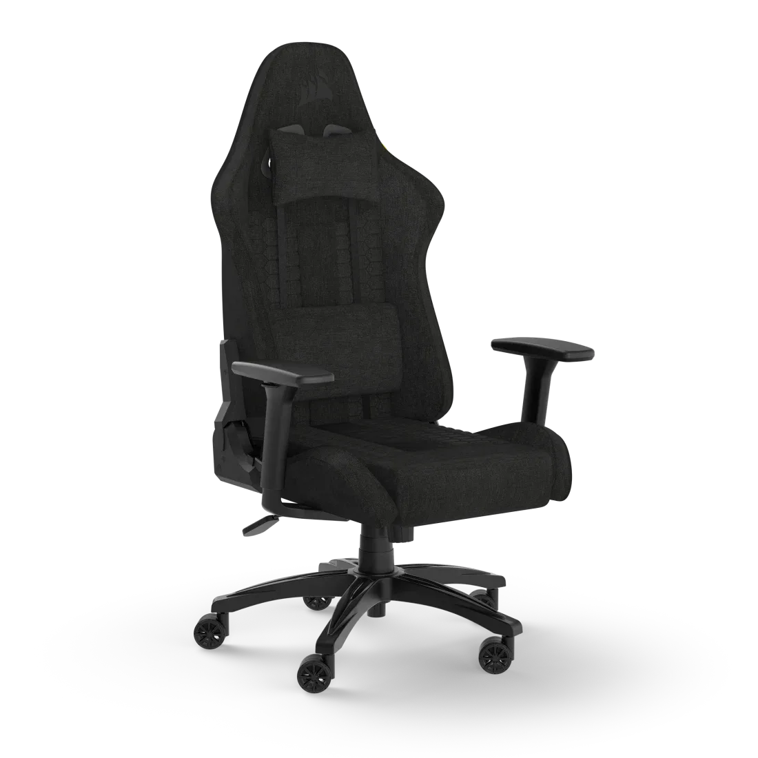 Corsair TC100 Relaxed gaming chair in black fabric, three-quarter studio product shot