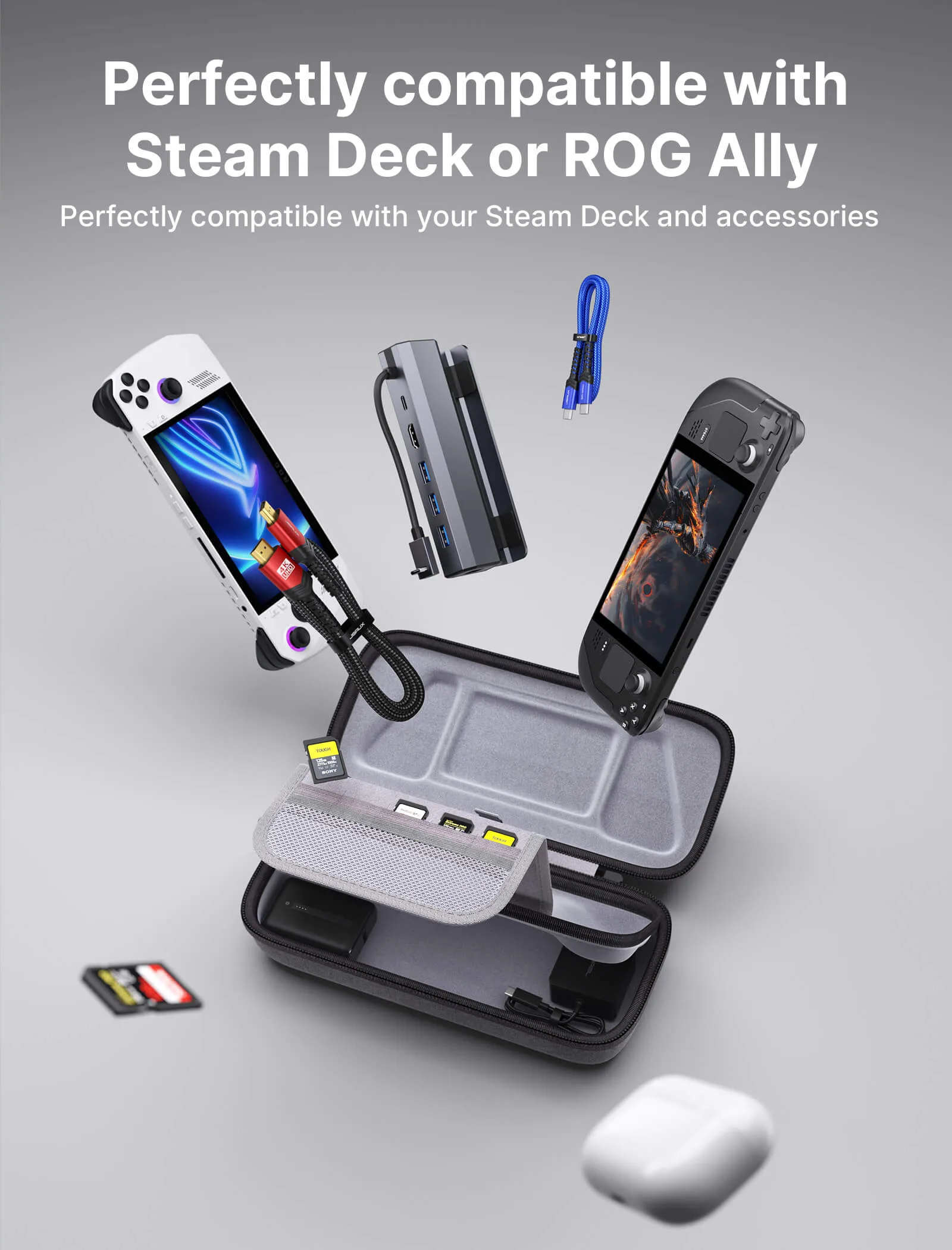 JSAUX Carrying Case open with a Steam Deck, dock, charger, and cables packed inside