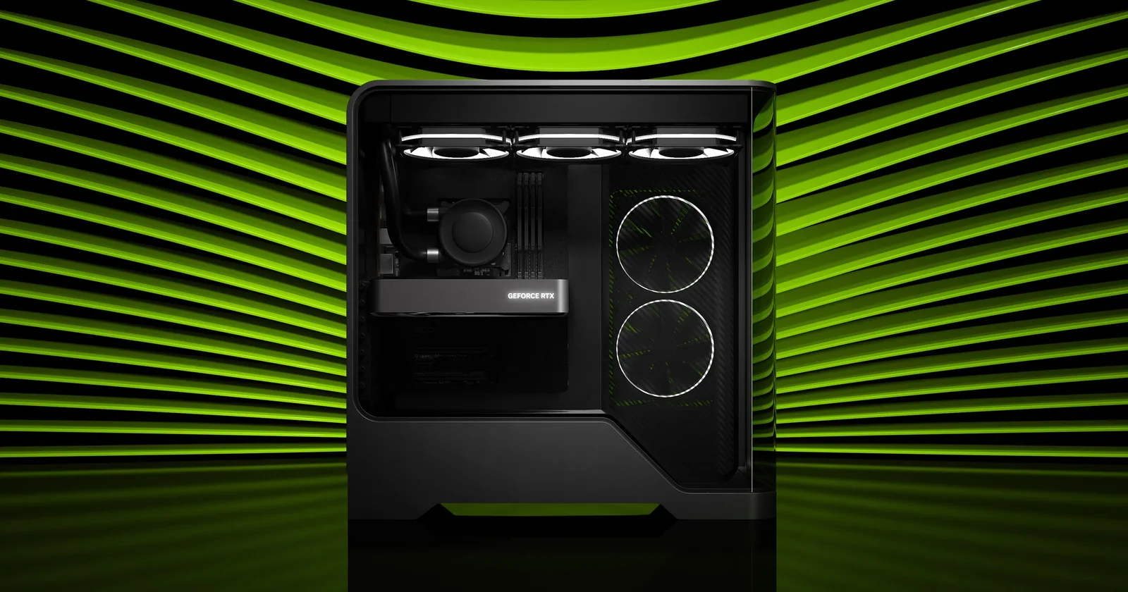Open PC case showing a GeForce RTX graphics card, CPU cooler, and RAM installed inside a gaming build