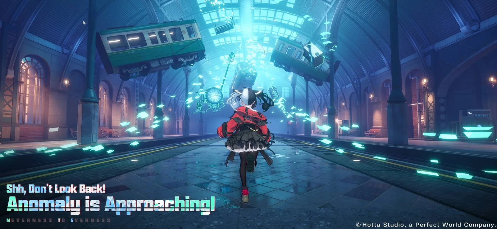 NTE: Neverness to Everness key art titled 'Shh, Don't Look Back! Anomaly is Approaching!' — a character walks away down a ghostly train station platform as trains float overhead amid glowing debris