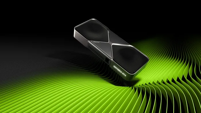 Official NVIDIA product shot of the GeForce RTX 5090 Founders Edition graphics card on a green Blackwell-themed background