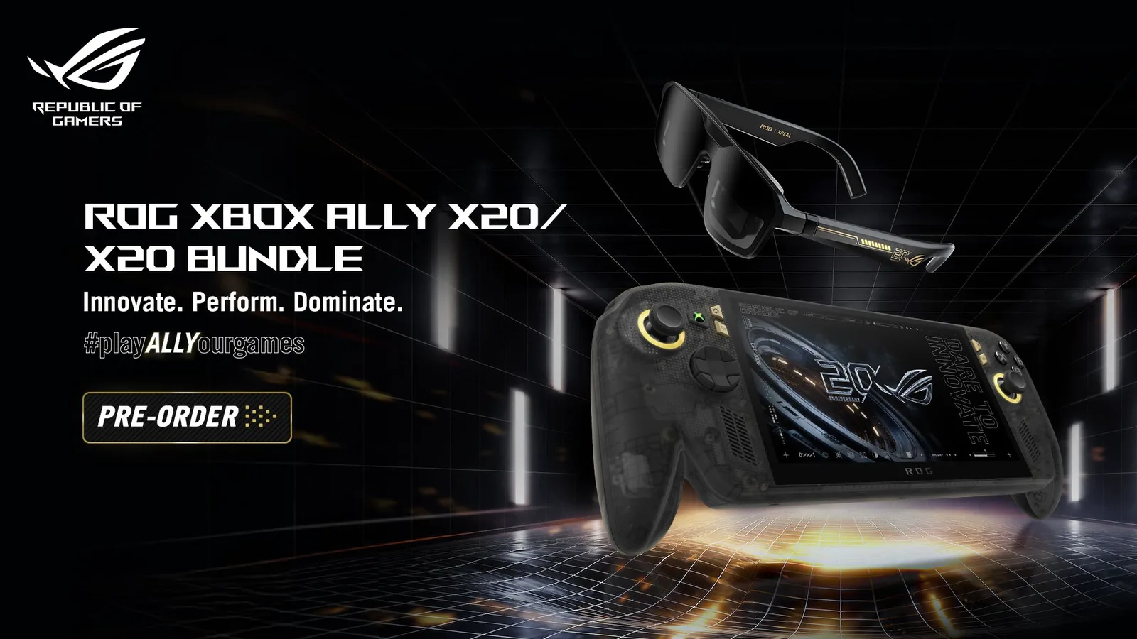 Official ASUS ROG press banner for the ROG Xbox Ally X20 / X20 Bundle, showing the handheld with Nebula HDR OLED display, ROG x Xreal AR glasses, and the pre-order call to action