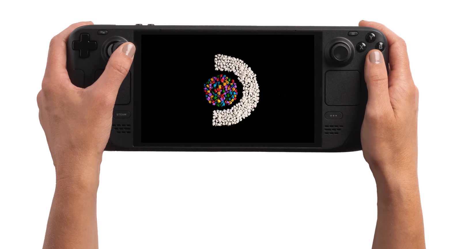 Steam Deck OLED held in both hands with the OLED screen displaying a colorful graphic