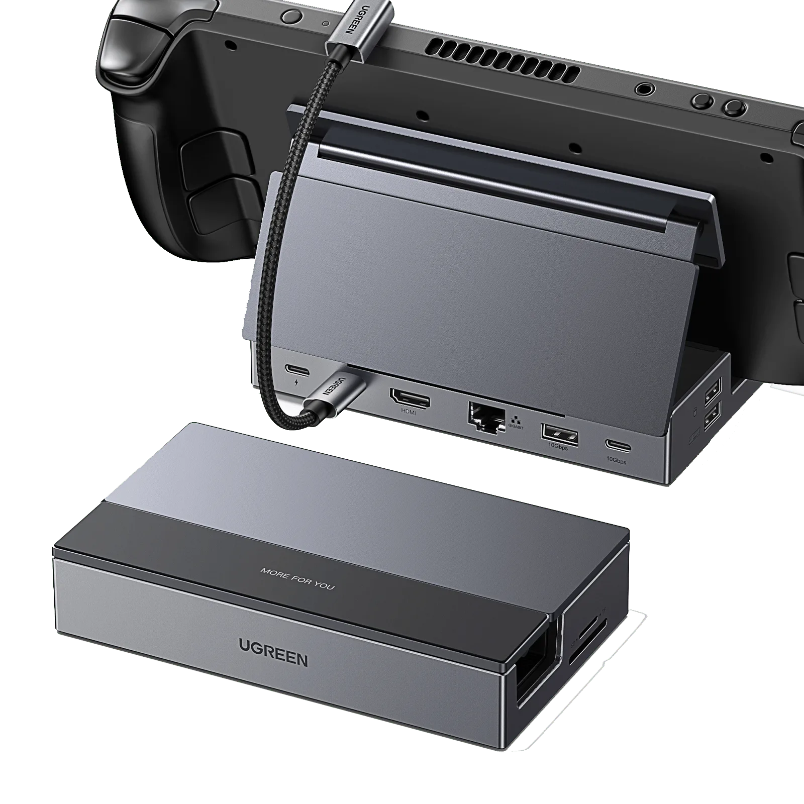 UGREEN 9-in-1 docking station attached to the back of a Steam Deck, showing the HDMI, Ethernet, and USB ports