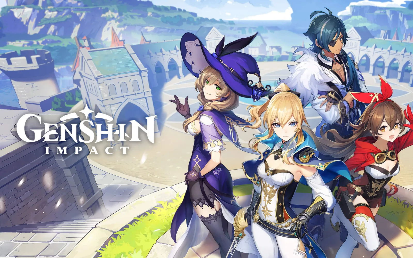 Genshin Impact key art: Lisa, Jean, Kaeya and Amber posing on a sunny Mondstadt terrace next to the game logo