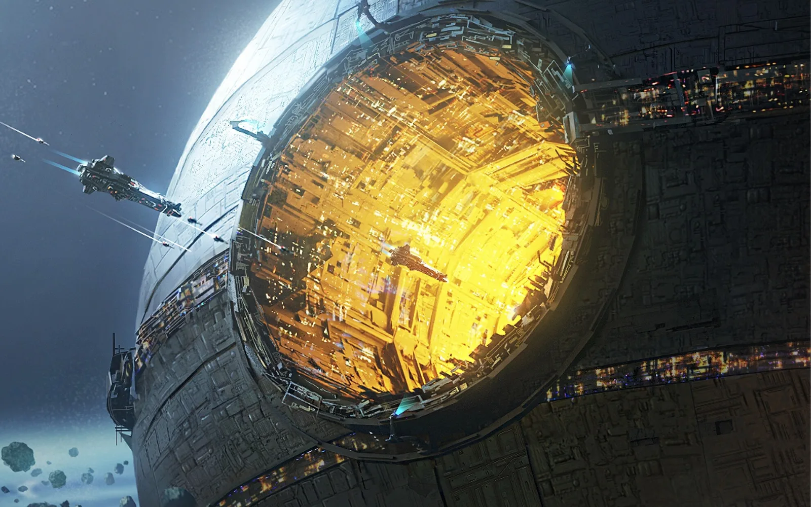 Project Entropy key art: warships flying toward a giant space station with a glowing golden core