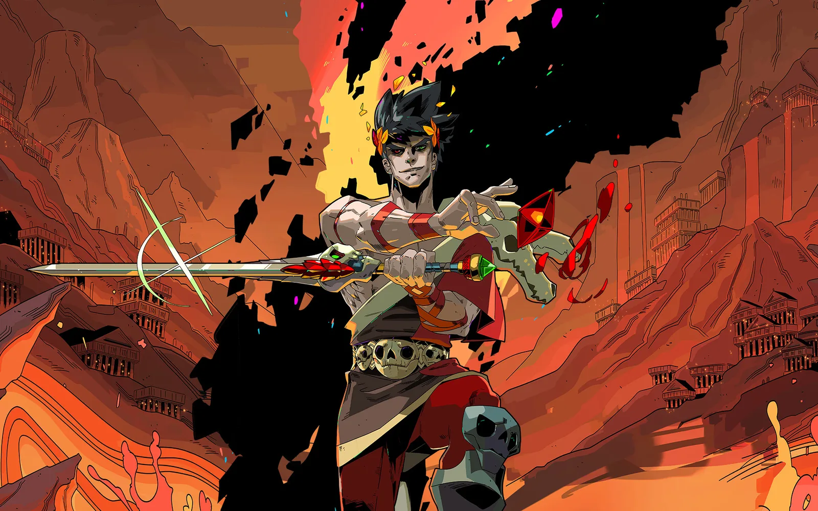 Hades key art: Zagreus with his sword raised against a fiery red underworld