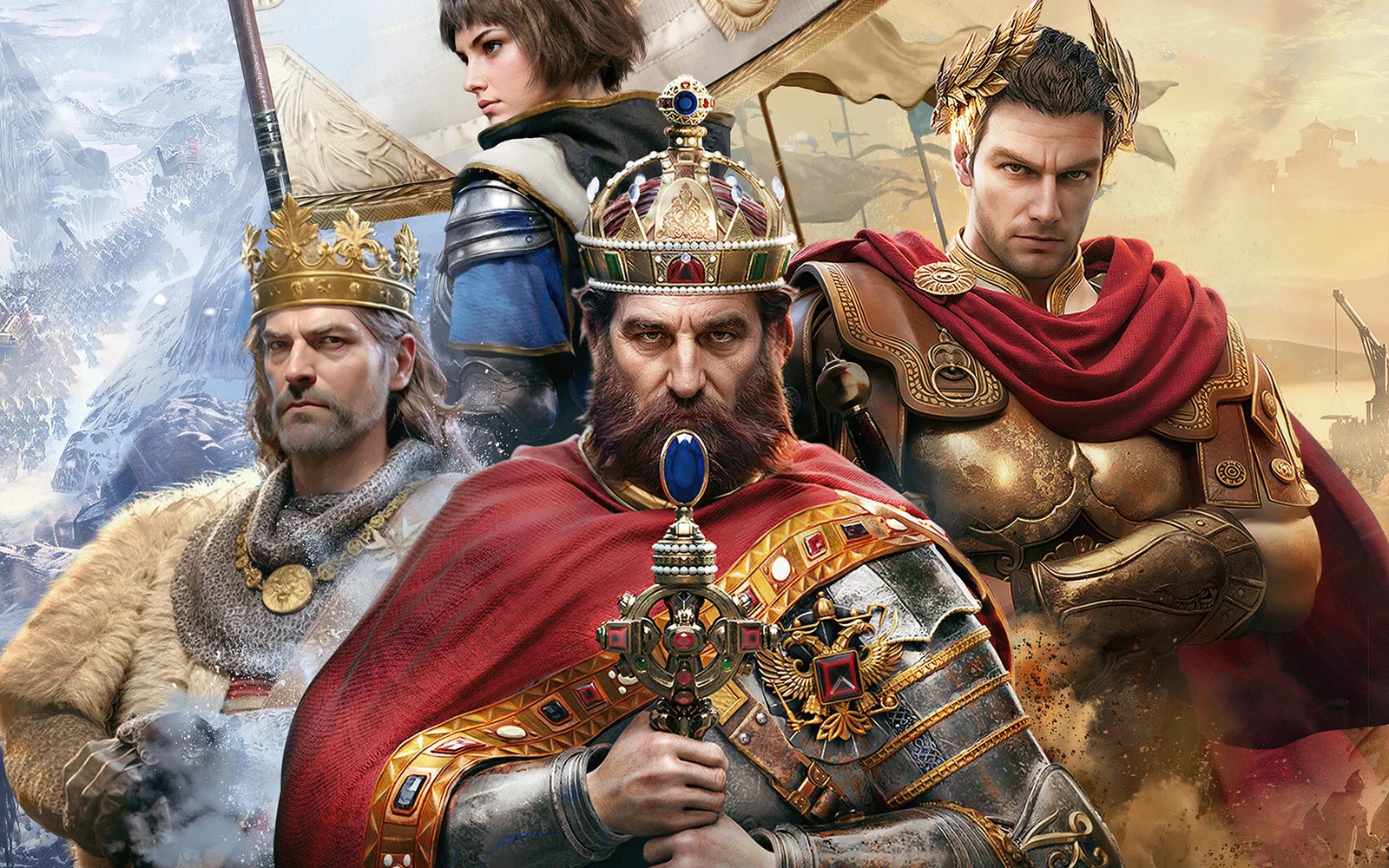 Age of Empires Mobile key art: three medieval and ancient rulers in crowns and armor in front of armies marching through snow and desert