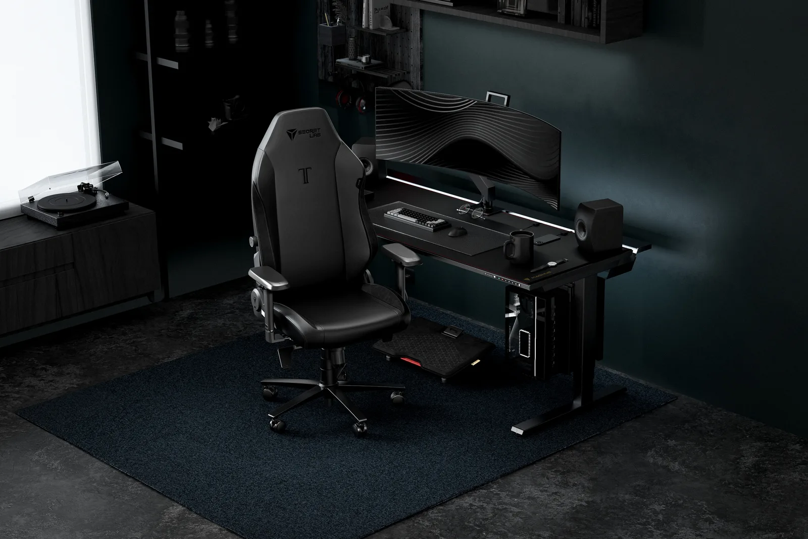 Secretlab TITAN Evo gaming chair at a dark home office desk setup with monitor and PC