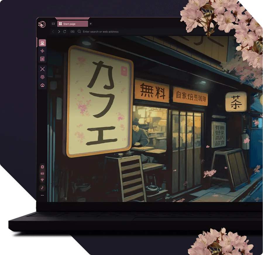 A laptop showing Opera GX with an anime-style Japanese café mod wallpaper, framed by cherry blossoms