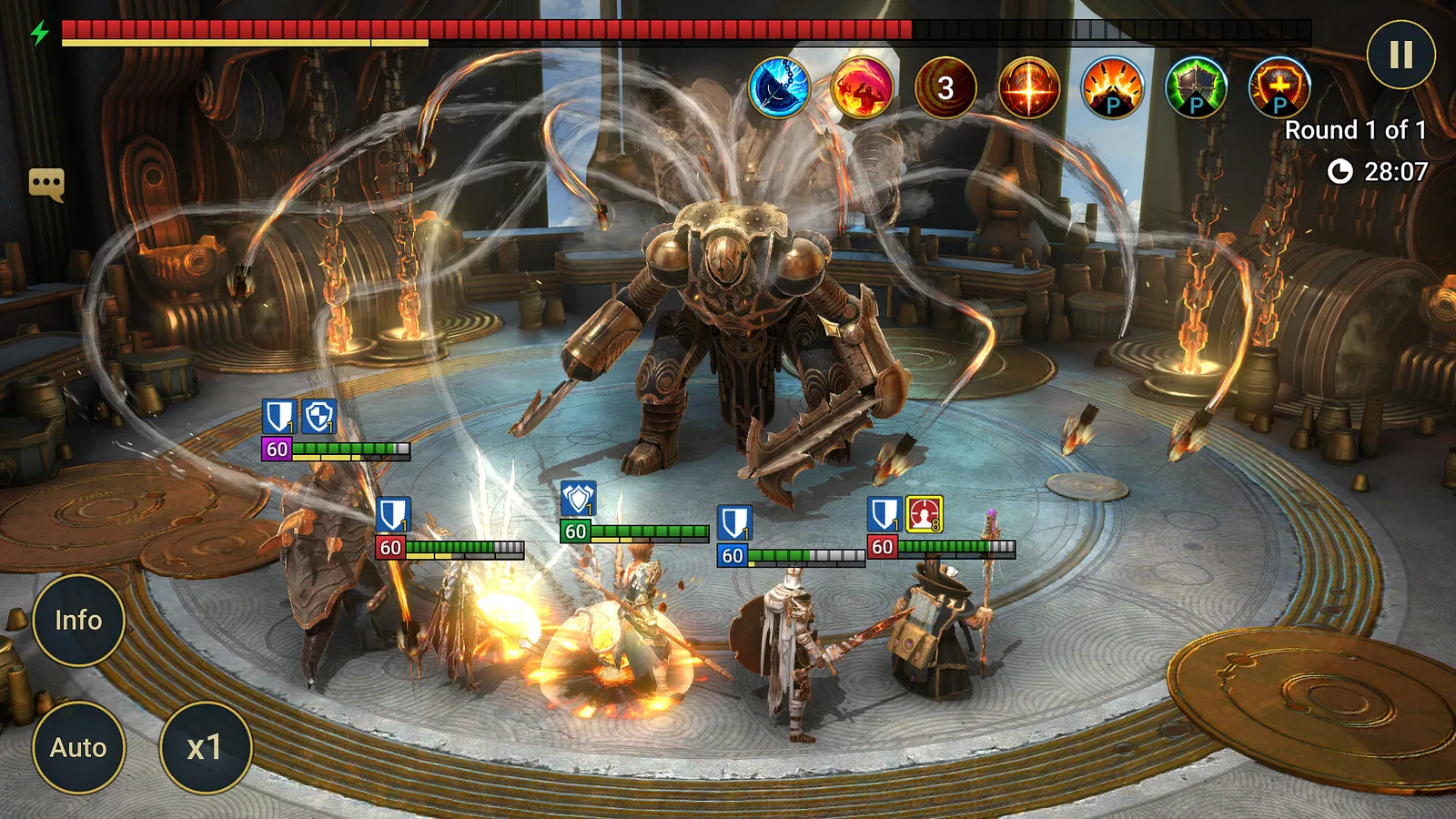 RAID: Shadow Legends battle on PC: a team of five champions fighting a giant bronze clockwork boss in a firelit arena