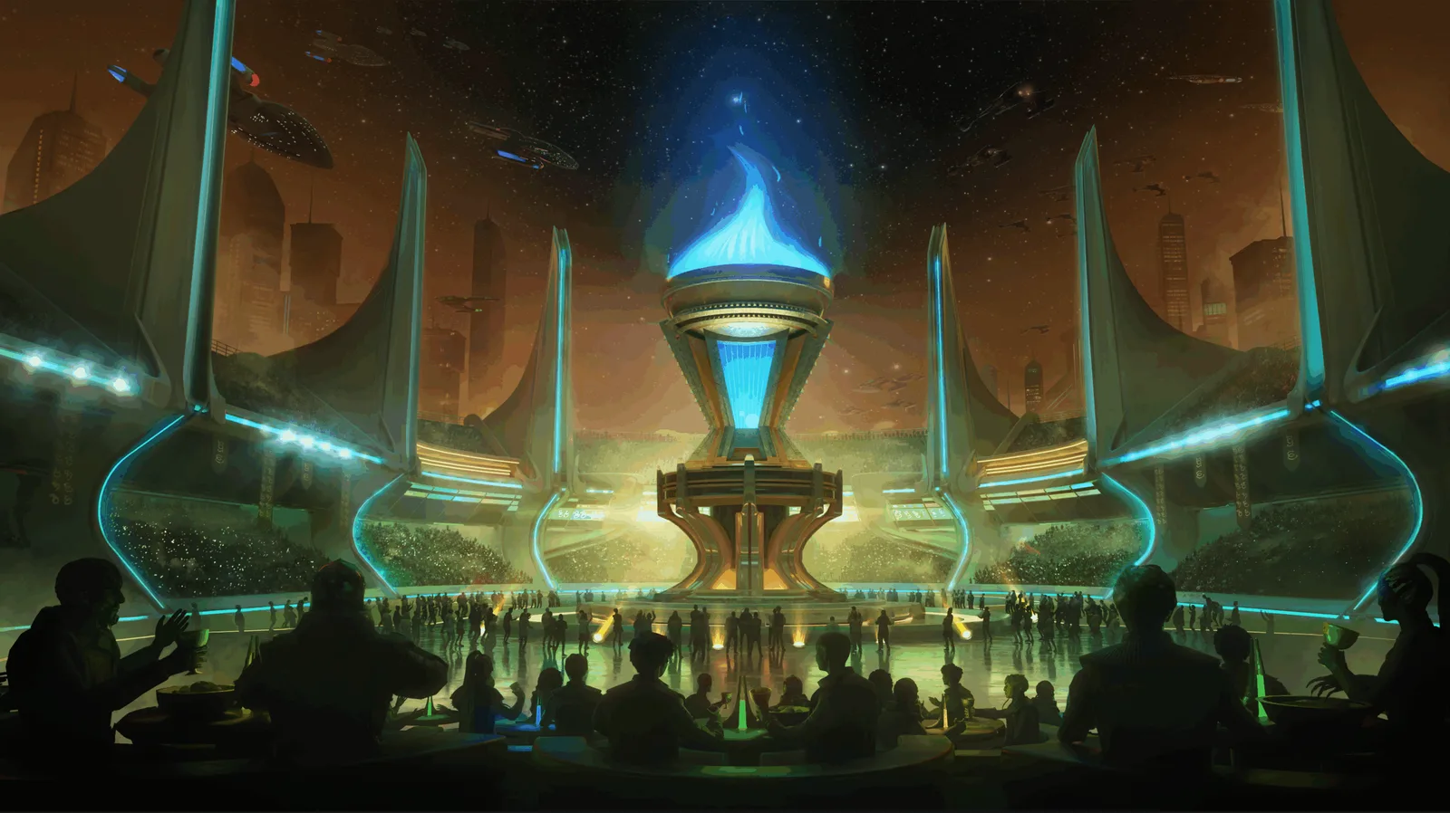 Star Trek Fleet Command key art: an alliance arena lit by a glowing central tower, with starships flying overhead and crowds watching