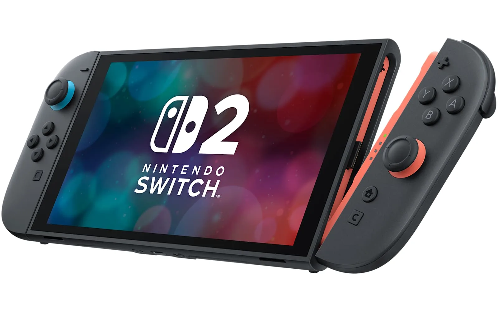 Official Nintendo image of the Nintendo Switch 2 in handheld mode with one Joy-Con 2 controller sliding off the side